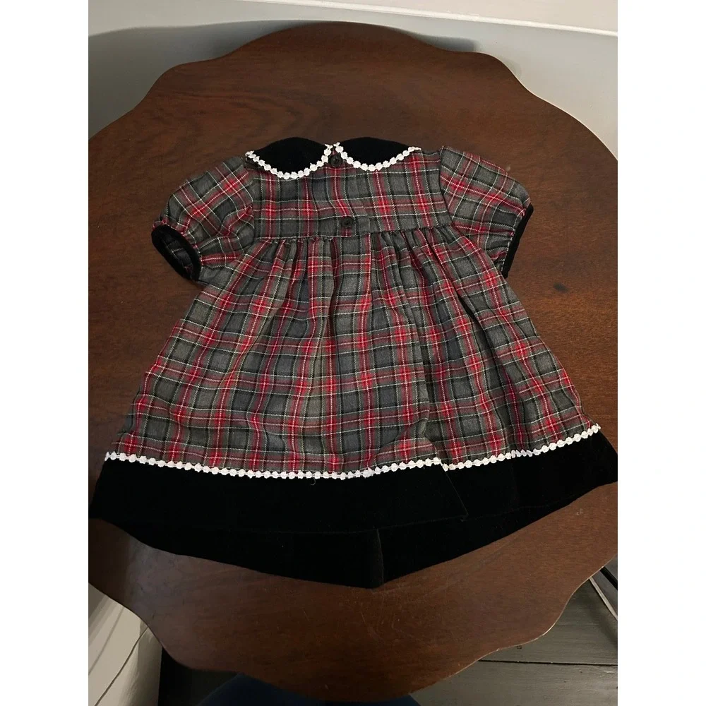 Bonnie Baby New York Vintage Plaid Holiday Dress Velvet Trim Red Gray 12MO